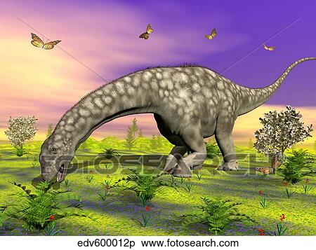 Stock Illustration - Argentinosaurus eating plants while surrounded by butterflies and flowers.. Fotosearch