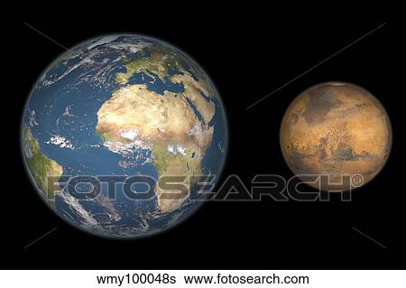 Stock Illustration - Artist's concept comparing the size of Mars with that of the Earth.. Fotosearch