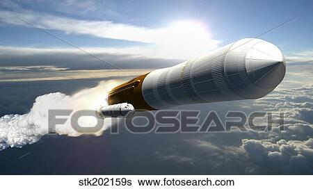 Artist's concept of a cargo launch vehicle blast off. View Large Illustration Stock Illustration - Artist's concept of a cargo launch vehicle blast off.. Fotosearch