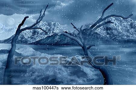 Stock Illustration - Artist's concept of a dangerous snow covered landscape.. Fotosearch