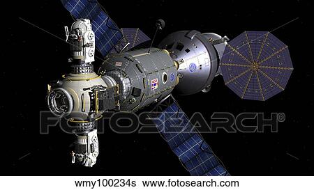 Artist's concept of a Deep Space Vehicle with Extended Stay Module and Manned Maneuvering Vehicles. View Large Illustration Stock Illustration - Artist's concept of a Deep Space Vehicle with Extended Stay Module and Manned Maneuvering Vehicles.. Fotosearch