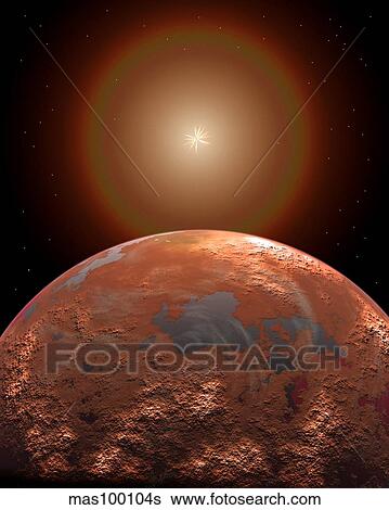 Artist's concept of a distant red planet orbiting its Sun. View Large Illustration Stock Illustration - Artist's concept of a distant red planet orbiting its Sun.. Fotosearch