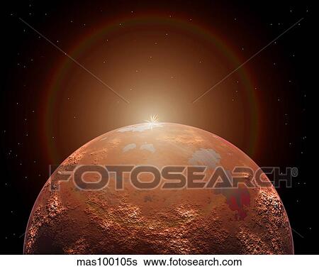 Stock Illustration - Artist's concept of a distant red planet orbiting its Sun.. Fotosearch
