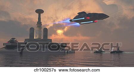 Stock Illustration - Artist's concept of a futuristic colony on a water planet.. Fotosearch