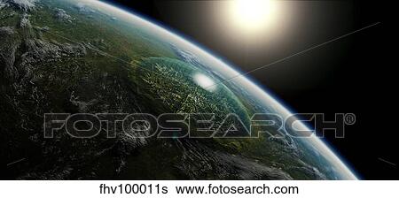 Stock Illustration - Artist's concept of a giant domed city in an asteroid crater on a hypothetical planet.. Fotosearch