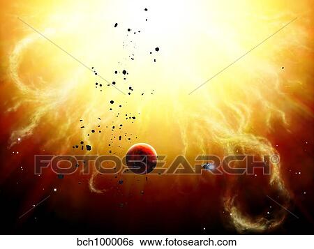 Stock Illustration - Artist's concept of a manned expedition to the inner planets of a raging star.. Fotosearch