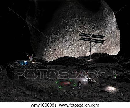 Stock Illustration - Artist's concept of a mining settlement on the double asteroid 90 Antiope.. Fotosearch