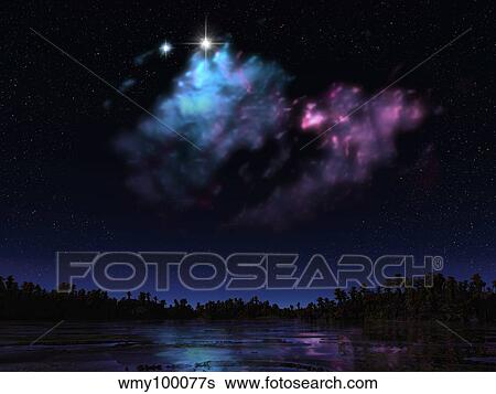 Stock Illustration - Artist's concept of a nebula over a hypothetical planet.. Fotosearch