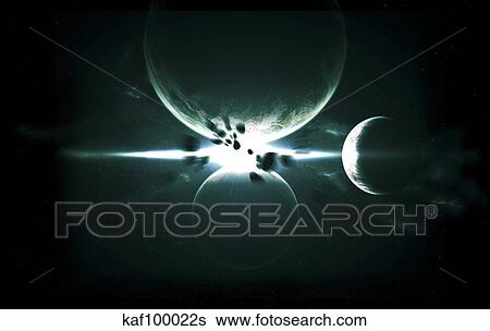 Stock Illustration - Artist's concept of a planet and its 3 moons aligned in a perfect and symmetrical formation.. Fotosearch