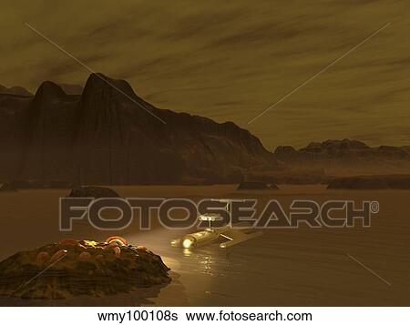 Stock Illustration - Artist's concept of a robotic probe exploring a frigid ethane lake on Titan.. Fotosearch