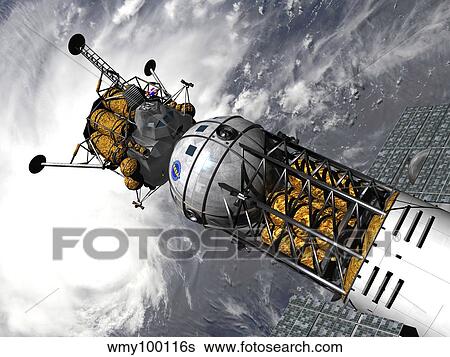 Artist's concept of a space tug docked with a lunar lander. View Large Illustration Stock Illustration - Artist's concept of a space tug docked with a lunar lander.. Fotosearch