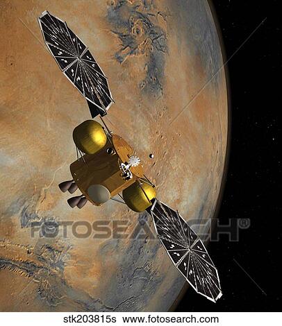 Artist's concept of a spacecraft orbiting Mars. View Large Illustration Stock Illustration - Artist's concept of a spacecraft orbiting Mars.. Fotosearch