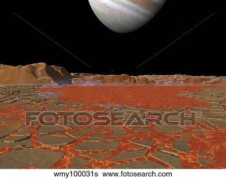 Stock Illustration - Artist's concept of a view across a pool of lava on the surface of Io, towards Jupiter.. Fotosearch