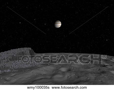 Stock Illustration - Artist's concept of a view across the surface of Themisto towards Jupiter and its moons.. Fotosearch