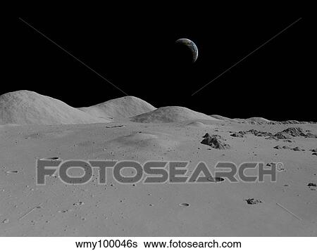 Stock Illustration - Artist's concept of a view across the surface of the Moon towards Earth in the distance.. Fotosearch