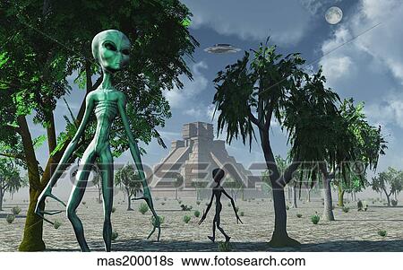 Stock Illustration - Artist's concept of aliens helping the Mayans build complex buildings.. Fotosearch