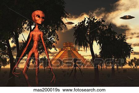 Artist's concept of aliens helping the Mayans build complex buildings. View Large Illustration Stock Illustration - Artist's concept of aliens helping the Mayans build complex buildings.. Fotosearch