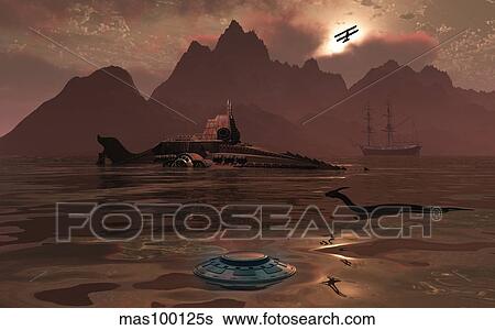 Stock Illustration - Artist's concept of an ancient civilization with advanced technology.. Fotosearch