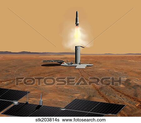 Artist's concept of an ascent vehicle leaving Mars. View Large Illustration Stock Illustration - Artist's concept of an ascent vehicle leaving Mars.. Fotosearch