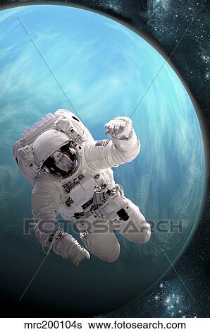 Artist's concept of an astronaut floating in outer space by a water covered planet. View Large Illustration Stock Illustration - Artist's concept of an astronaut floating in outer space by a water covered planet.. Fotosearch