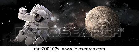 Artist's concept of an astronaut floating by a heavily cratered moon. View Large Illustration Stock Illustration - Artist's concept of an astronaut floating by a heavily cratered moon.. Fotosearch