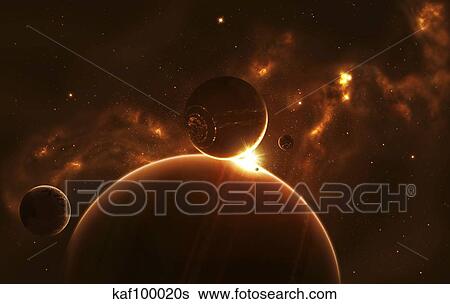 Artist's concept of an extraterrestrial world and its various moons. View Large Illustration Stock Illustration - Artist's concept of an extraterrestrial world and its various moons.. Fotosearch
