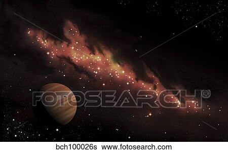 Stock Illustration - Artist's concept of an H II region of space, wrapped in a dark nebula.. Fotosearch