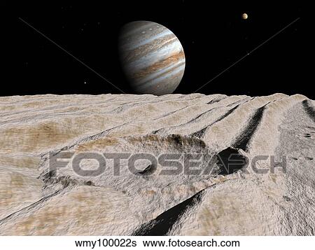 Artist's concept of an impact crater on Jupiter's moon Ganymede, with Jupiter on the horizon. View Large Illustration Stock Illustration - Artist's concept of an impact crater on Jupiter's moon Ganymede, with Jupiter on the horizon.. Fotosearch