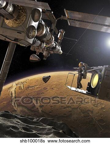 Artist's concept of an orbital outpost above Phobos, the nearest of Mars' moons. View Large Illustration Stock Illustration - Artist's concept of an orbital outpost above Phobos, the nearest of Mars' moons.. Fotosearch