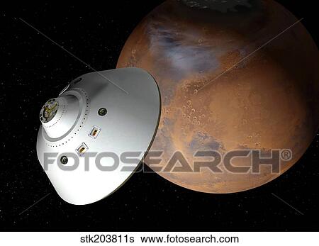 Artist's concept of an aeroshell-encased spacecraft approaching Mars. View Large Illustration Stock Illustration - Artist's concept of an aeroshell-encased spacecraft approaching Mars.. Fotosearch