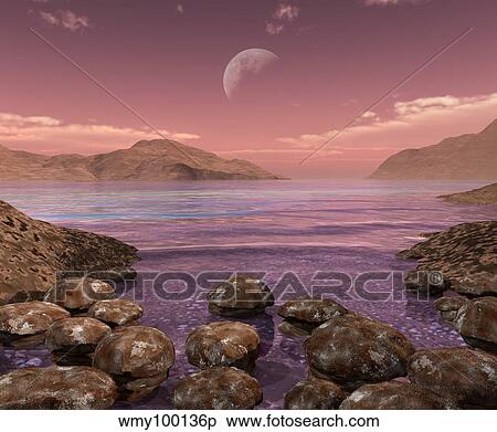 Stock Illustration - Artist's concept of Archean stromatolites on the shore of an ancient sea.. Fotosearch