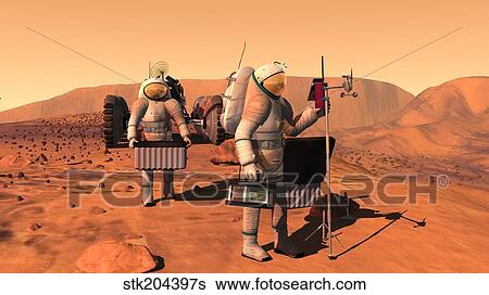 Artist's concept of astronauts setting up weather monitoring equipment on Mars. View Large Illustration Stock Illustration - Artist's concept of astronauts setting up weather monitoring equipment on Mars.. Fotosearch