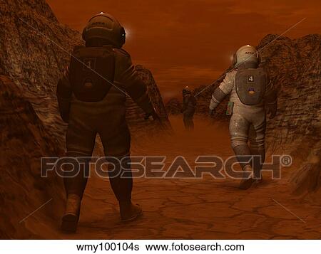 Artist's concept of astronauts exploring a dry gully on Saturn's moon Titan. View Large Illustration Stock Illustration - Artist's concept of astronauts exploring a dry gully on Saturn's moon Titan.. Fotosearch