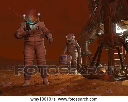 Artist's concept of astronauts exploring the surface of Saturn's moon Titan. View Large Illustration Stock Illustration - Artist's concept of astronauts exploring the surface of Saturn's moon Titan.. Fotosearch