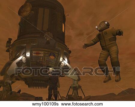 Stock Illustration - Artist's concept of astronauts exploring the surface of Saturn's moon Titan.. Fotosearch