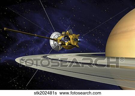 Stock Illustration - Artists concept of Cassini during the Saturn Orbit Insertion maneuver.. Fotosearch