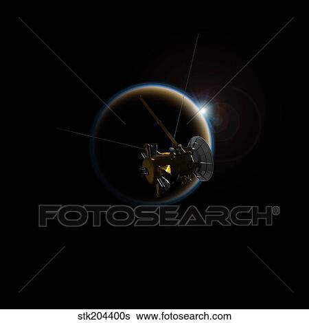 Artist's concept of Cassini observing a sunset on Saturn's moon Titan. View Large Illustration Stock Illustration - Artist's concept of Cassini observing a sunset on Saturn's moon Titan.. Fotosearch