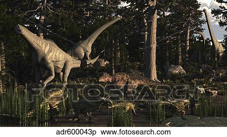 Artist's concept of fauna that was dominant in the early Cretaceous period. View Large Illustration Stock Illustration - Artist's concept of fauna that was dominant in the early Cretaceous period.. Fotosearch