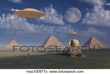Artist's concept of Grey aliens helping the Egyptians build the pyramids. View Large Illustration Stock Illustration - Artist's concept of Grey aliens helping the Egyptians build the pyramids.. Fotosearch