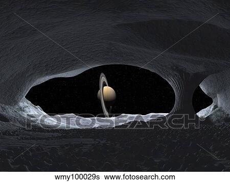 Stock Illustration - Artist's concept of how Saturn might appear from within a hypothetical ice cave on Iapetus.. Fotosearch