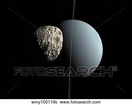 Artist's concept of how Uranus and its tiny moon Puck. View Large Illustration Stock Illustration - Artist's concept of how Uranus and its tiny moon Puck.. Fotosearch