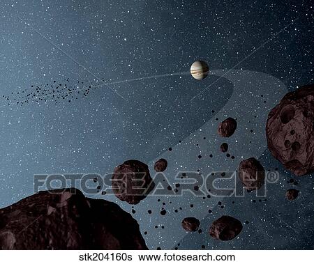 Stock Illustration - Artist's concept of Jovian Trojans asteroids.. Fotosearch