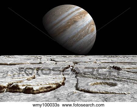 Artist's concept of Jupiter as seen across the icy surface of its moon Europa. View Large Illustration Stock Illustration - Artist's concept of Jupiter as seen across the icy surface of its moon Europa.. Fotosearch
