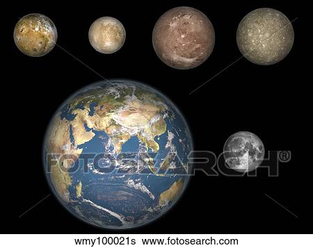 Stock Illustration - Artist's concept of Jupiter's four largest satellites laid out above the Earth and it's moon.. Fotosearch