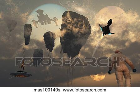 Stock Illustration - Artist's concept of mankind crossing paths with other space travelers.. Fotosearch