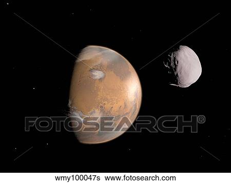 Artist's concept of Mars and it's moon, Dione. View Large Illustration Stock Illustration - Artist's concept of Mars and it's moon, Dione.. Fotosearch