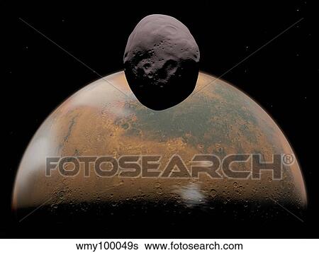 Artist's concept of Mars and its tiny moon Phobos. View Large Illustration Stock Illustration - Artist's concept of Mars and its tiny moon Phobos.. Fotosearch