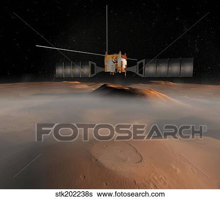 Stock Illustration - Artist's concept of Mars Express spacecraft in orbit around Mars.. Fotosearch