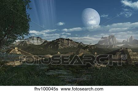Artist's concept of Mayan like ruins on a ringed planet. View Large Illustration Stock Illustration - Artist's concept of Mayan like ruins on a ringed planet.. Fotosearch