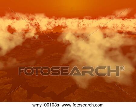 Stock Illustration - Artist's concept of methane clouds over Titan's south pole.. Fotosearch